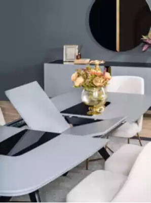 Modern, definitely beautiful table with chairs in gray and beige tones