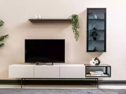 An incomparable TV wardrobe and shelves in a minimalist style
