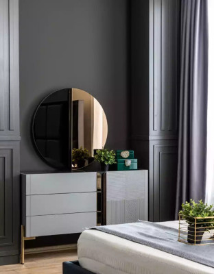 Beautiful chest of drawers with mirror in gray tones with gold inlays