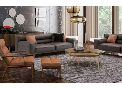 Brown Living Room Seating Set Luxurious 3-Seater Stivloller Armchair Upholstered Stool