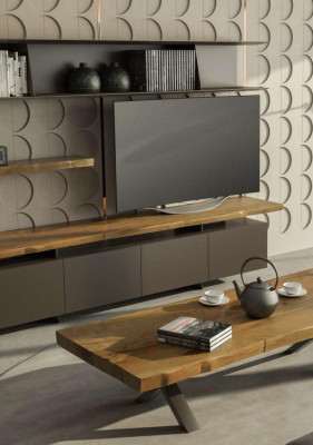 Modern TV stand with wall shelves luxury storage cabinets natural walnut