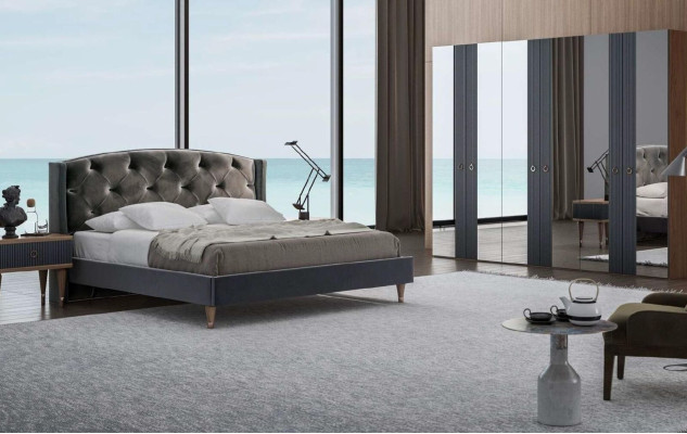 Gray Bedroom Suite Luxury Set Double bed 2x Bedside tables Chest of drawers