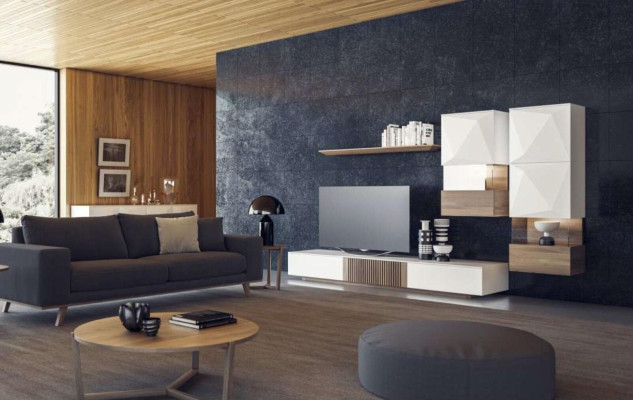 Luxury natural walnut modern white wall unit TV lowboard sideboard wall shelves