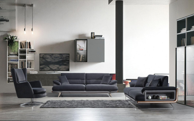 Sofa 3 Seater Textile Sofas Black Fabric Furniture Modern Style Three Seater
