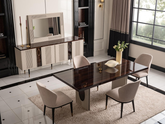Luxury Dining room Dining set Dining corner Dining table Chairs Beige Set 9pcs Wood