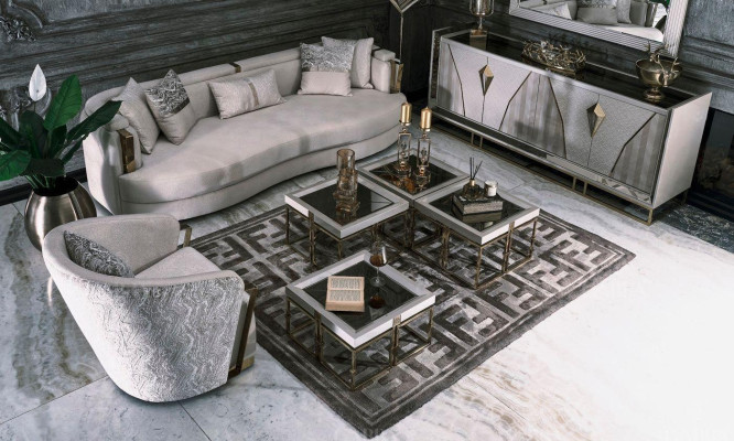 Luxury suite fabric sofa armchair living room coffee tables set 7 pieces grey