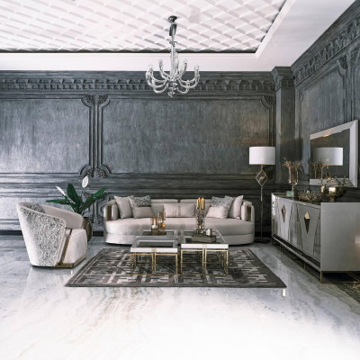 Luxury suite fabric sofa armchair living room coffee tables set 7 pieces grey