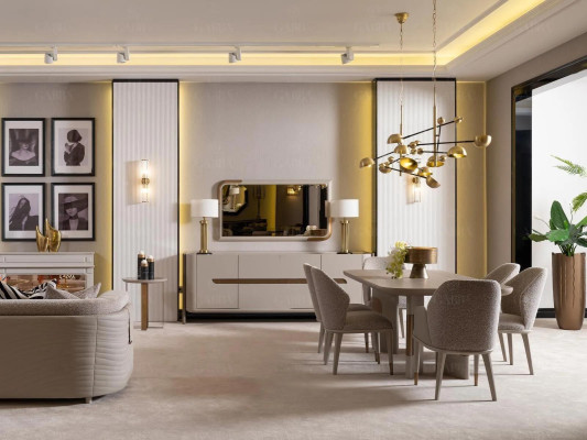 Dining room Suite dinette Dining table Chairs Set 9pcs Beige Dining set