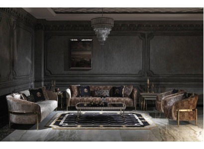 Large suite sofa set three-seater armchair beige fabric tables 5 pieces