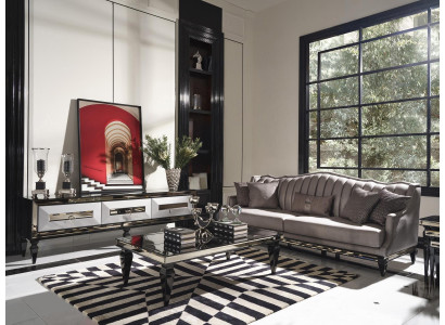 Suite Sofa 4 Seater Fabric Sofa Coffee Table Gray TV Stand Set 3 Pieces