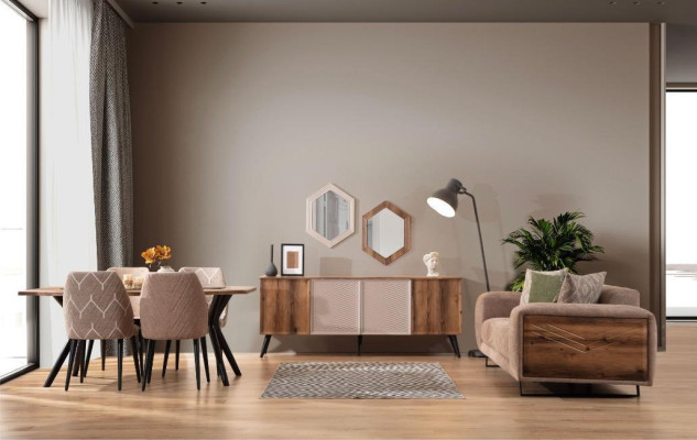 Modern Dining room Furniture Beige 3-Seater Dining table Luxury 4x Chairs Mirror