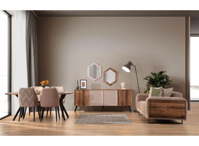 Modern Dining room Furniture Beige 3-Seater Dining table Luxury 4x Chairs Mirror