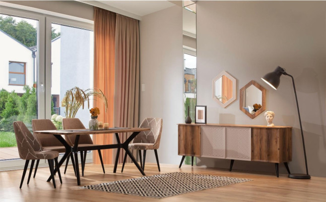 Brown Modern Dining room Set Sideboard Wood Dining table 2x Mirror 8pcs