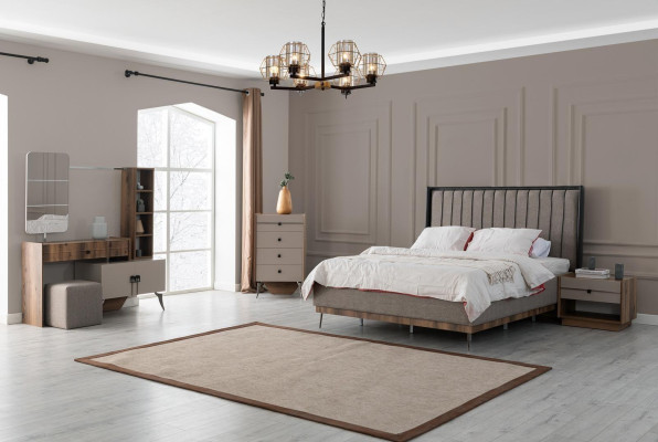 Gray Bedroom Suite Double bed 2x Bedside tables Wood Dressing table