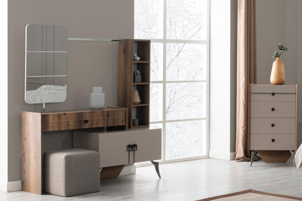 Gray Bedroom Suite Double bed 2x Bedside tables Wood Dressing table