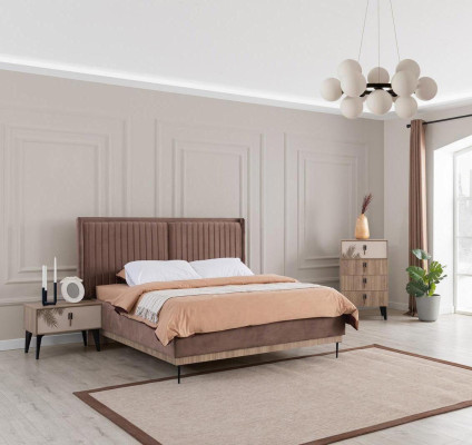 Brown Bedroom Set Upholstery Double bed 2x Bedside tables Wood Chest of drawers