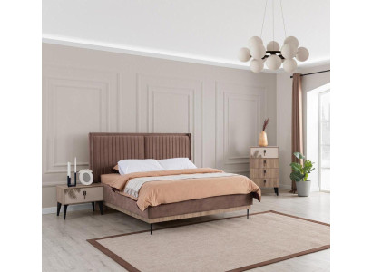 Brown Bedroom Set Upholstery Double bed 2x Bedside tables Wood Chest of drawers