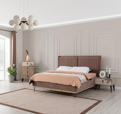 Brown Bedroom Double bed Designer Wood Modern 2x Bedside tables