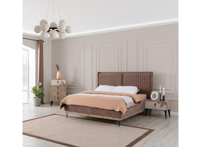 Brown Bedroom Double bed Designer Wood Modern 2x Bedside tables