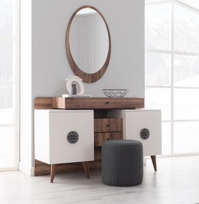 Brown-White Dressing table with Mirror Luxurious Bedroom Wood Furniture
