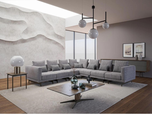 new Complete Furniture Corner sofa L-shape Textile Furnishings Living room Wood Coffee table