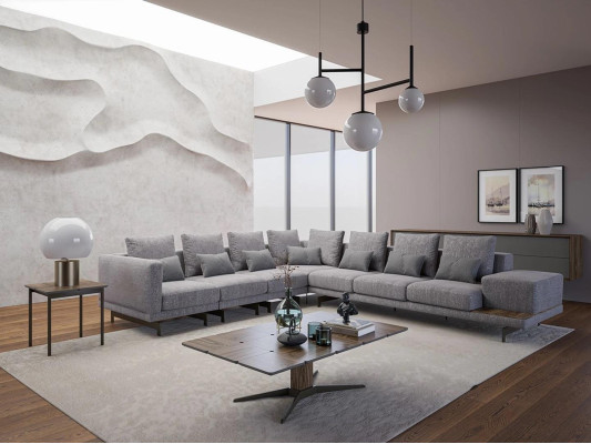Luxury Set Living room Textile Upholstered Sofa L-shape Wood Coffee table with Side table