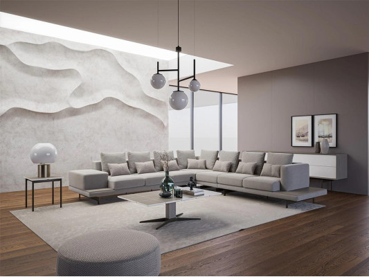 Living room Gray Upholstered furniture Corner sofa L-shape Design Coffee table Side table