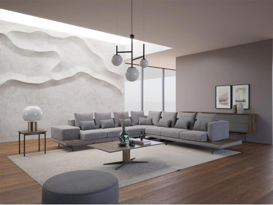 Living room Set 3pcs Gray Corner sofa L-shape Wood Coffee table Designer Side table