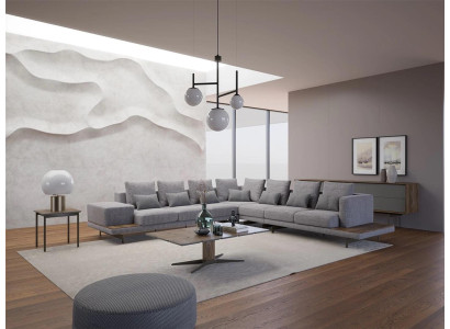 Living room Set 3pcs Gray Corner sofa L-shape Wood Coffee table Designer Side table