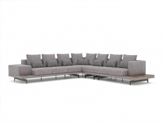 Living room Set 3pcs Gray Corner sofa L-shape Wood Coffee table Designer Side table