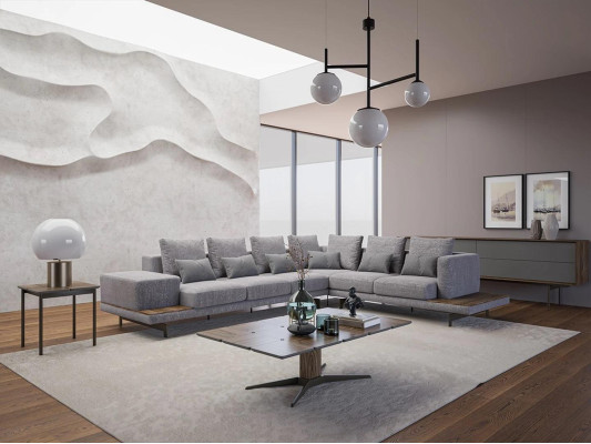 Luxury Gray Upholstered Sofa L-shape Wood Coffee table with Side table Living room