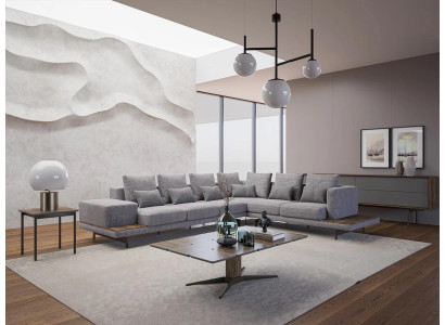 Luxury Gray Upholstered Sofa L-shape Wood Coffee table with Side table Living room