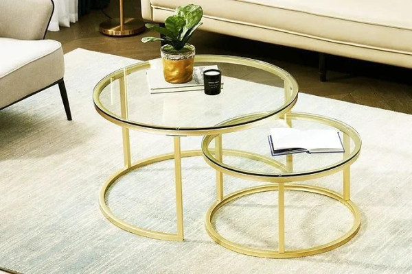 Coffee tables 2 parts Glass table top Metal gold-colored legs Living room furniture