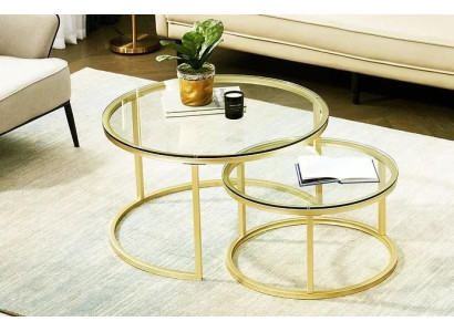 Coffee tables 2 parts Glass table top Metal gold-colored legs Living room furniture