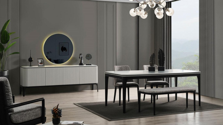 Dining room set 8 pieces. Dining table 4x chairs mirror sideboard stool light colour