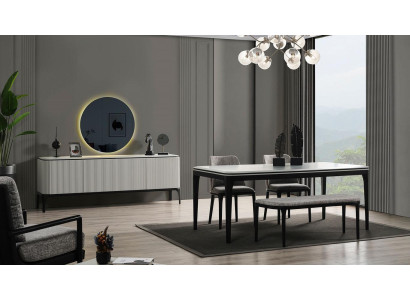 Dining room set 8 pieces. Dining table 4x chairs mirror sideboard stool light colour