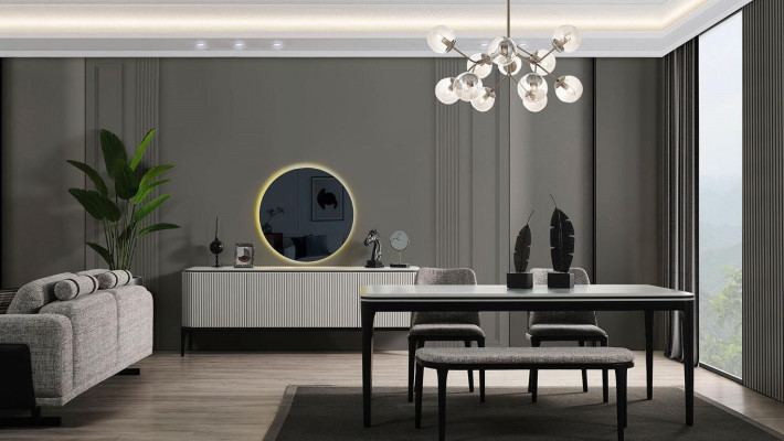 Dining room set 8 pieces. Dining table 4x chairs mirror sideboard stool light colour