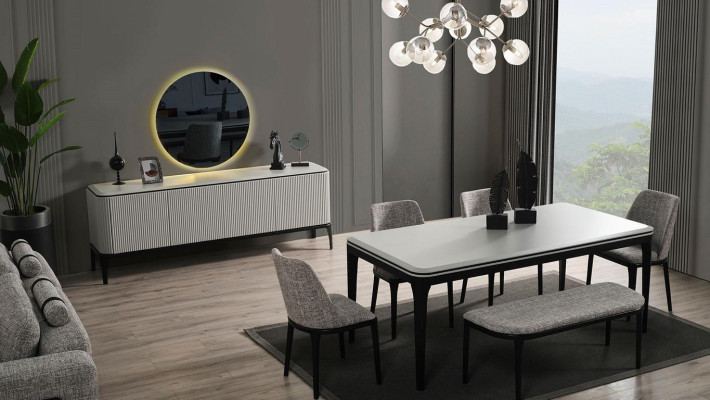 Dining room set 8 pieces. Dining table 4x chairs mirror sideboard stool light colour