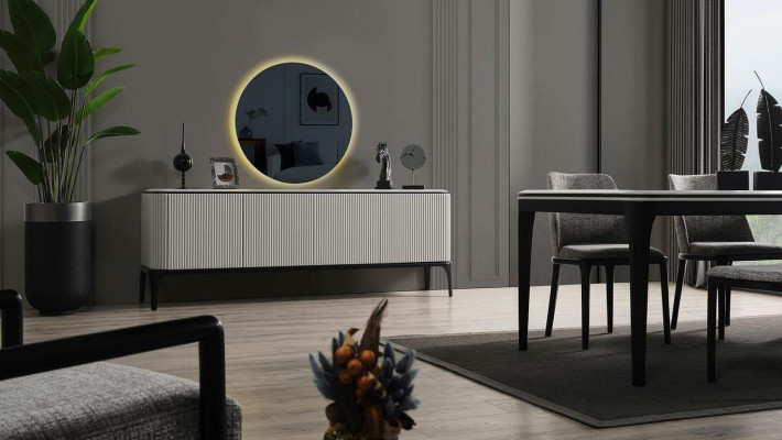 Dining room set 8 pieces. Dining table 4x chairs mirror sideboard stool light colour