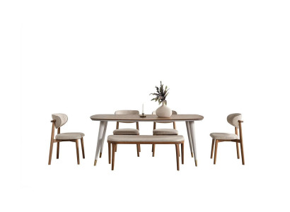 Chic Set Consists of Dining table and 4x Chairs + Stool in Dining room beige