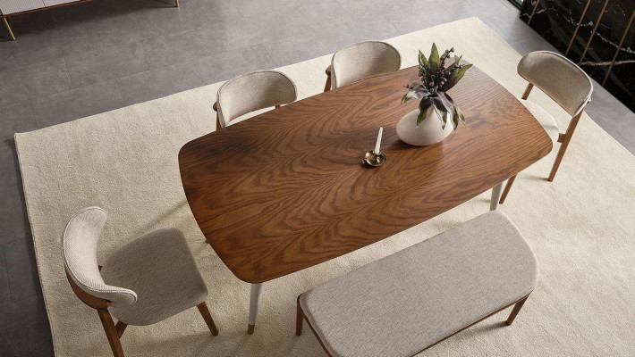 Chic Set Consists of Dining table and 4x Chairs + Stool in Dining room beige