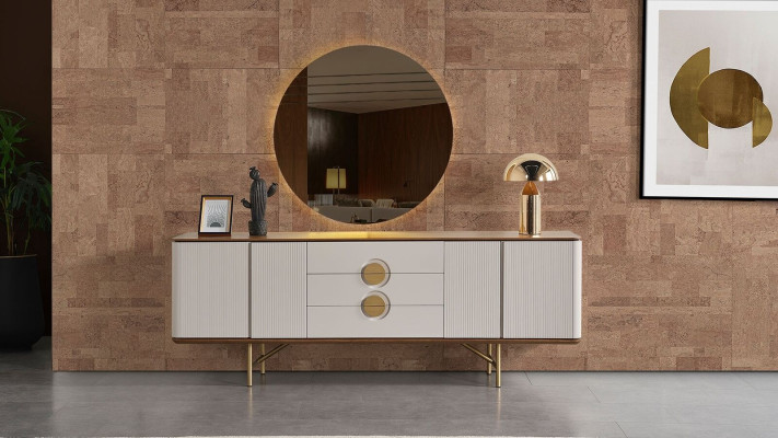 Perfect dining room set consists of beige sideboard and mirror 2 pieces. new