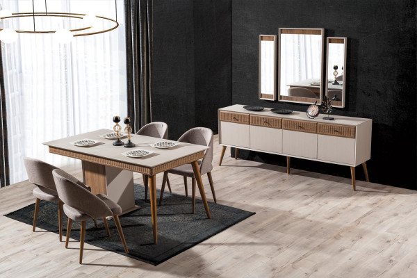 Design 9-piece Dining room Set Dining table and 4x Chairs Sideboard with 3x Mirror