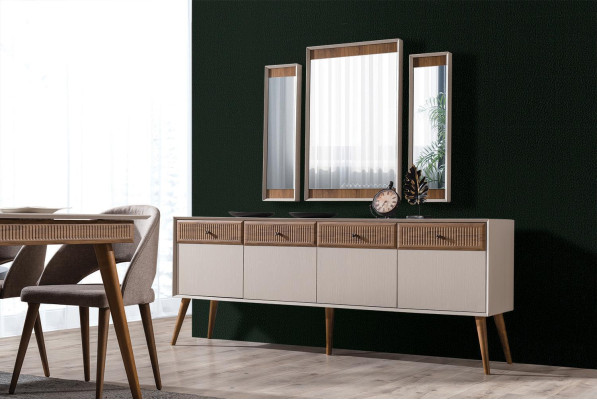 Design 9-piece Dining room Set Dining table and 4x Chairs Sideboard with 3x Mirror