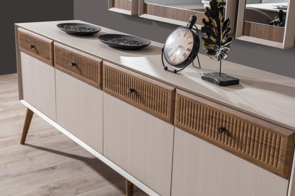 Design 9-piece Dining room Set Dining table and 4x Chairs Sideboard with 3x Mirror