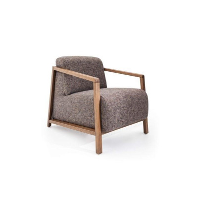 Stylishly compact mid-century armchair made of wood and upholstered fabric