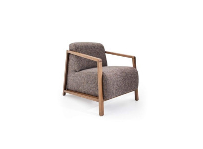 Stylishly compact mid-century armchair made of wood and upholstered fabric