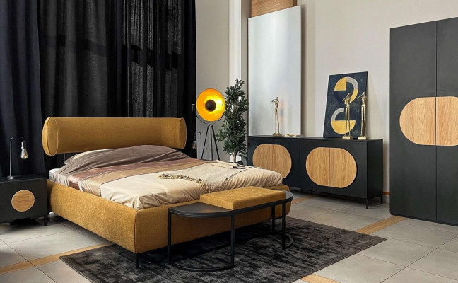 Bedroom Set Bed 2x Bedside tables 2x Chest of drawers Wardrobe Stool 7pcs.