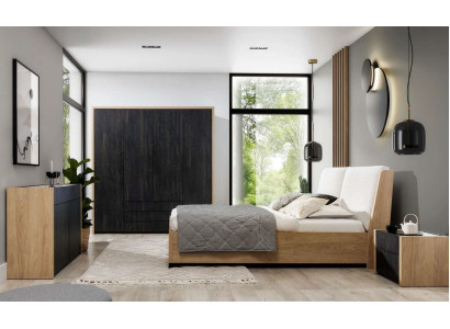 Bedroom Set Beige Bed 2x Bedside tables Chest of drawers Wardrobe Modern 5-piece.
