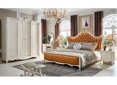 Bedroom Set Double Bed 2x Bedside table Console Upholstery 6 pcs. Solid wood